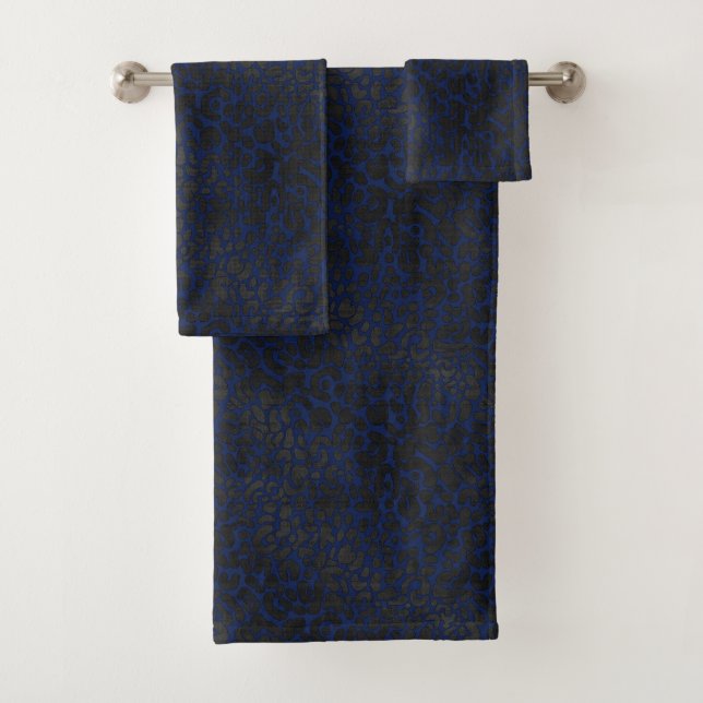 Elegant Black Leopard Animal Print on Dark Blue Bath Towel Set (Insitu)
