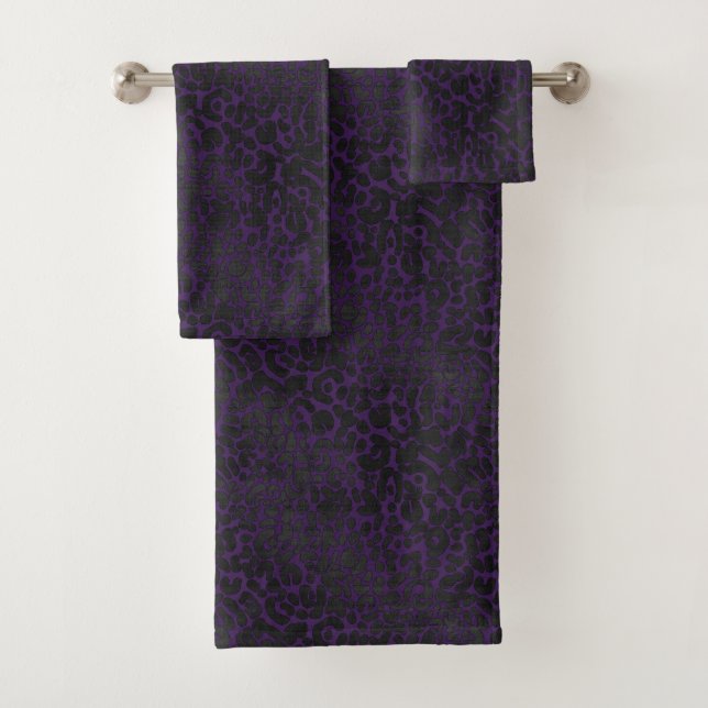 Elegant Black Leopard Animal Print on Purple Bath Towel Set (Insitu)