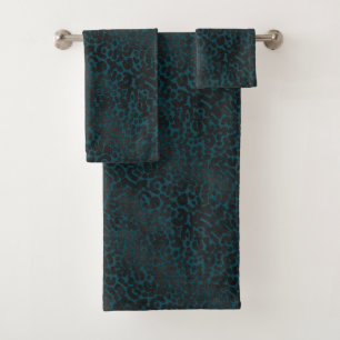 Elegant Black Leopard Animal Print on Teal Bath Towel Set