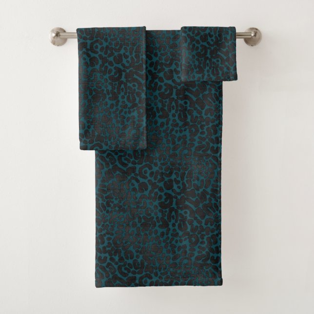 Elegant Black Leopard Animal Print on Teal Bath Towel Set (Insitu)