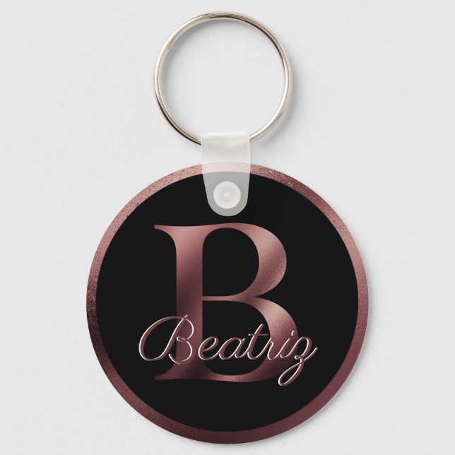 Elegant Black Letter B Rose Gold Metallic Monogram Keychain (Front)