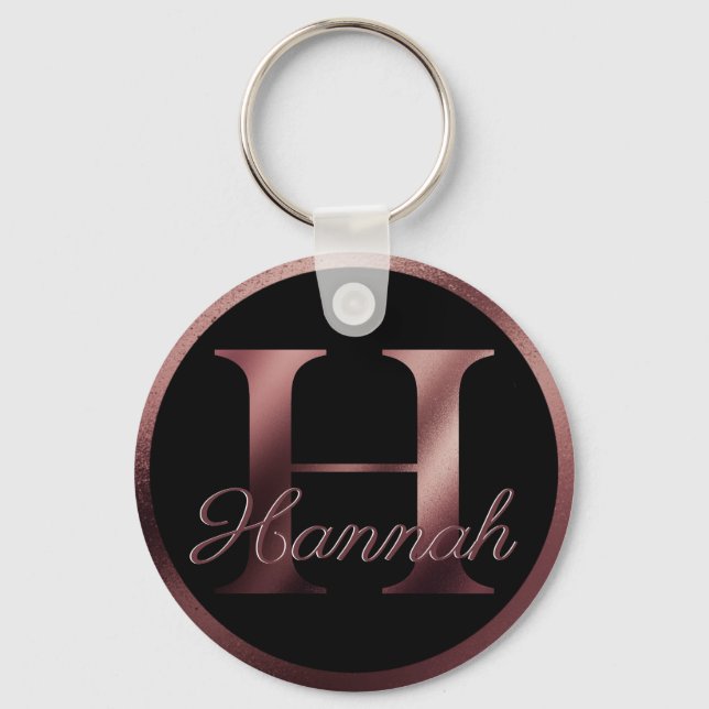 Elegant Black Letter H Rose Gold Metallic Monogram Keychain (Front)
