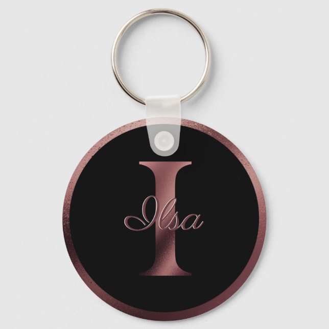 Elegant Black Letter I Rose Gold Metallic Monogram Keychain (Front)