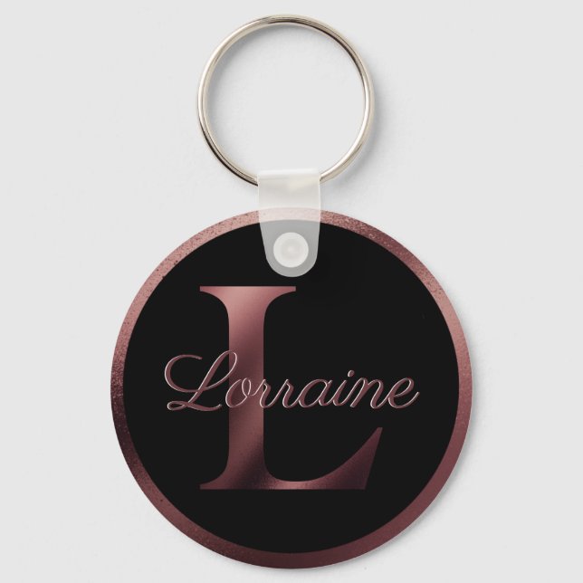 Elegant Black Letter L Rose Gold Metallic Monogram Keychain (Front)