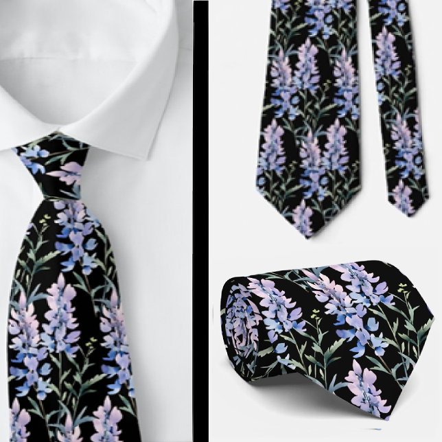 Elegant Black Light Blue Wildflowers Neck Tie (Creator Uploaded)
