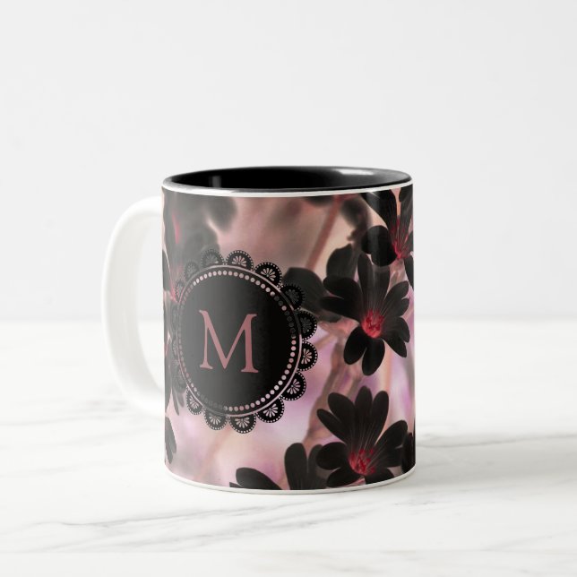 Elegant Black Lilac Flowers Monogram Two-Tone Coffee Mug (Front Left)