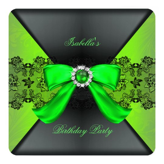 Elegant Black Lime Green Pearl Bow Birthday Party Card