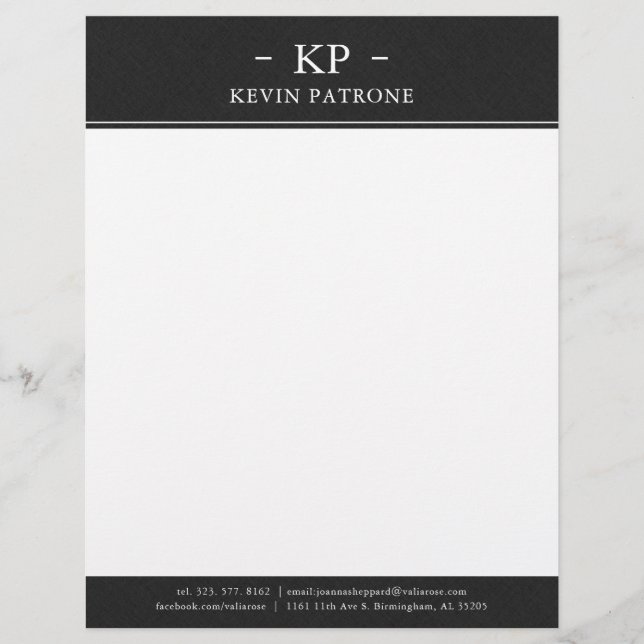Elegant Black Linen White Minimalistic Text Letterhead (Front)