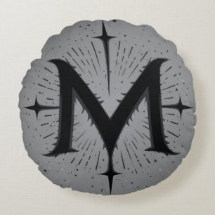 Elegant Black 'M' Design with Symmetrical Stars Round Pillow
