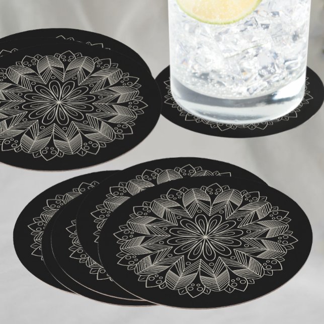 Elegant Black Mandala Boho Chic Indian Wedding Round Paper Coaster (Creator Uploaded)