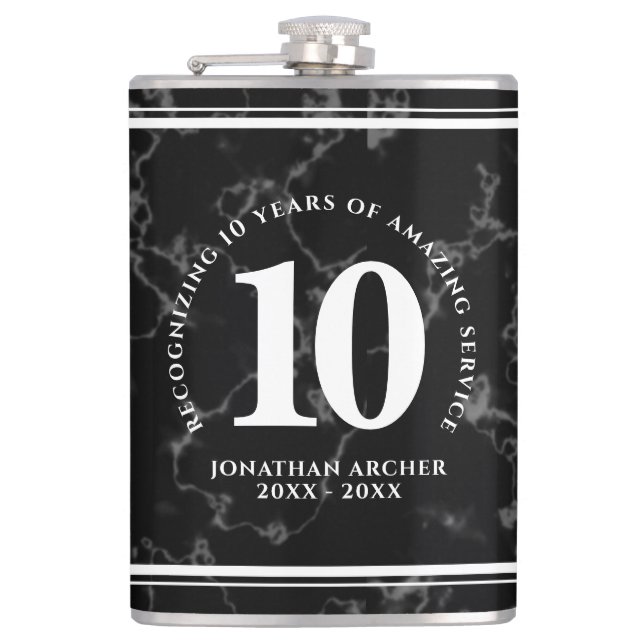 Elegant Black Marble 10 Years Work Anniversary Hip Flask (Front)