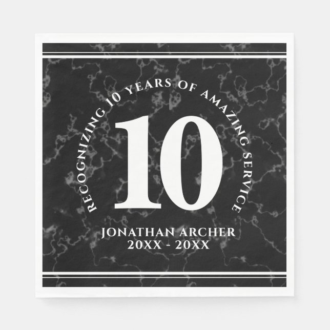 Elegant Black Marble 10 Years Work Anniversary Napkin (Front)