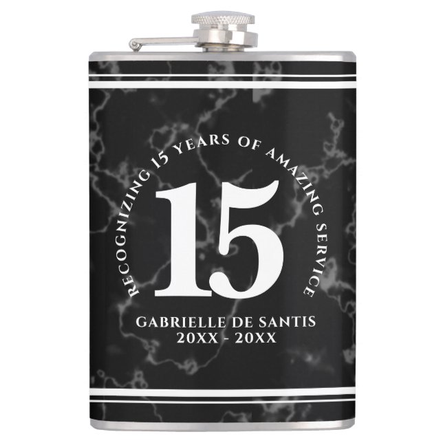 Elegant Black Marble 15 Years Work Anniversary Hip Flask (Front)