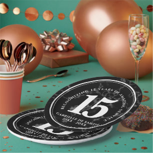 Elegant Black Marble 15 Years Work Anniversary Paper Plate
