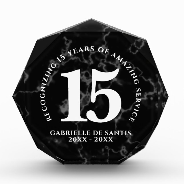 Elegant Black Marble 15 Years Work Anniversary Photo Block (Front)
