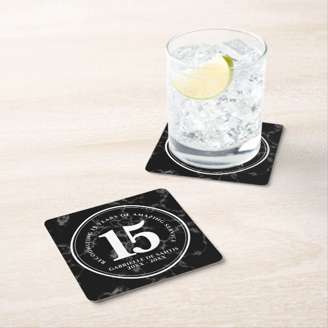 Elegant Black Marble 15 Years Work Anniversary Square Paper Coaster (Insitu)
