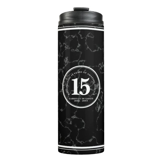 Elegant Black Marble 15 Years Work Anniversary Thermal Tumbler (Front)