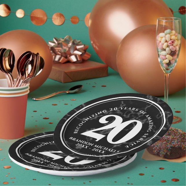Elegant Black Marble 20 Years Work Anniversary Paper Plate (Multi)
