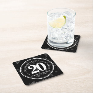 Elegant Black Marble 20 Years Work Anniversary Square Paper Coaster