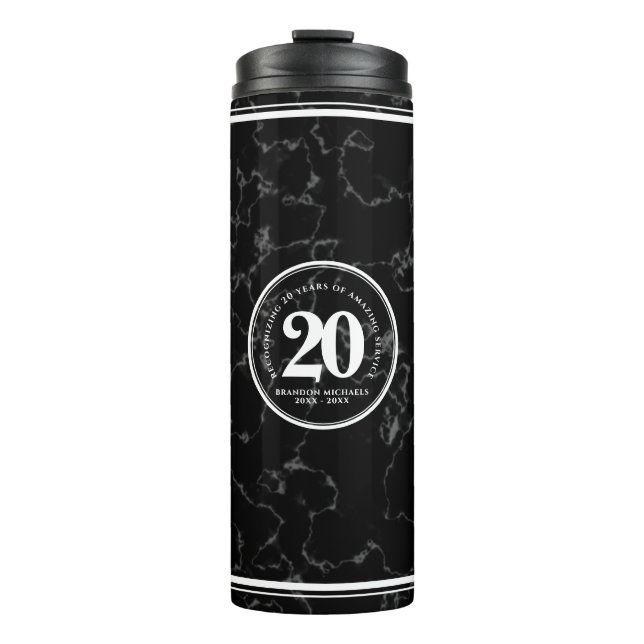 Elegant Black Marble 20 Years Work Anniversary Thermal Tumbler (Front)