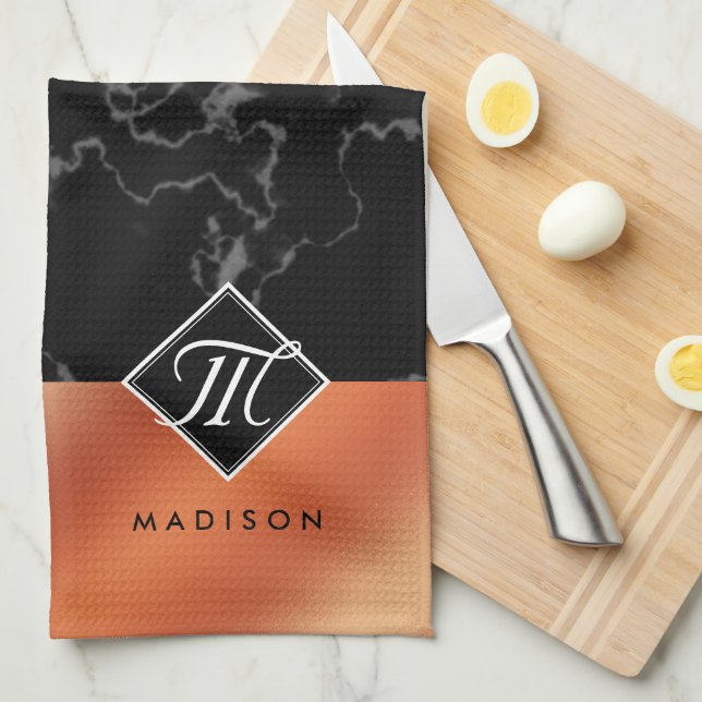 Elegant Black Marble & Bronze Foil Monogram Kitchen Towel (Quarter Fold)