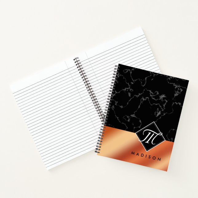 Elegant Black Marble & Bronze Foil Monogram Notebook (Inside)