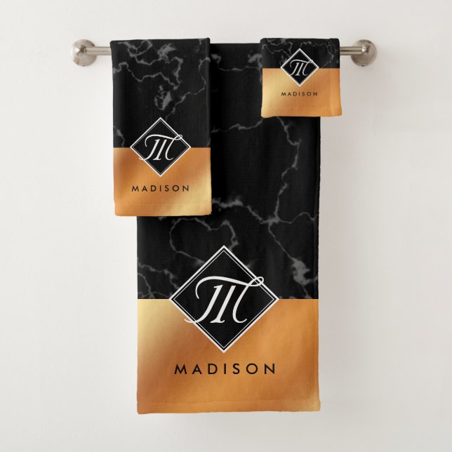 Elegant Black Marble & Copper Foil Monogram Bath Towel Set (Insitu)