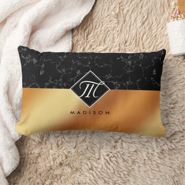 Elegant Black Marble & Copper Foil Monogram Lumbar Pillow (Blanket)