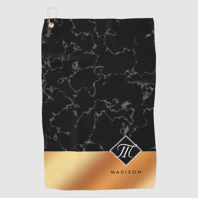 Elegant Black Marble & Copper Foil Script Monogram Golf Towel (Front)