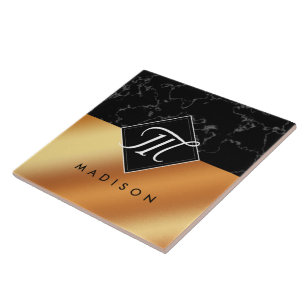 Elegant Black Marble & Copper Foil Script Monogram Tile