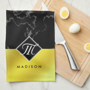Elegant Black Marble & Gold / Brass Foil Monogram Kitchen Towel