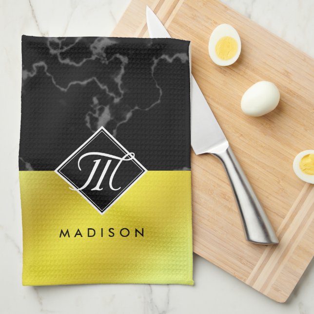 Elegant Black Marble & Gold / Brass Foil Monogram Kitchen Towel (Quarter Fold)