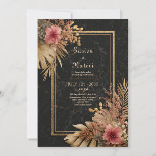 Elegant Black Marble & Gold Floral VIP Wedding Invitation