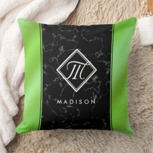 Elegant Black Marble & Lime Green Foil Monogram Throw Pillow