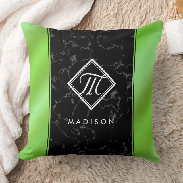 Elegant Black Marble & Lime Green Foil Monogram Throw Pillow (Blanket)