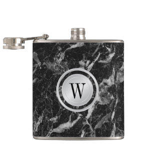 Elegant Black Marble Pattern with Custom Monogram Hip Flask