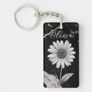 Elegant Black Marble Personalized Daisy Keychain
