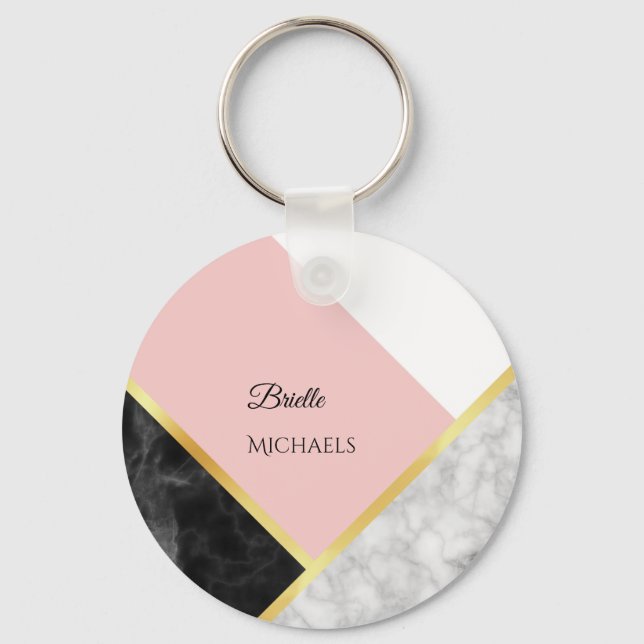 Elegant Black Marble Pink Colour Block With Name Keychain (Front)