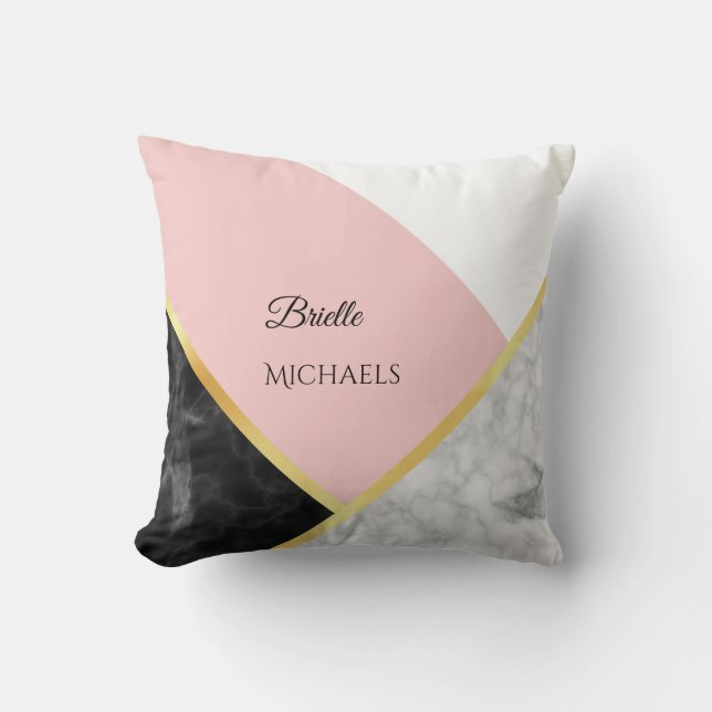 Elegant Black Marble Pink Colour Block With Name Throw Pillow (Front)