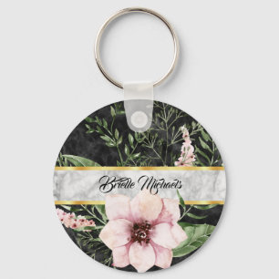 Elegant Black Marble Pink Floral With Name Keychain