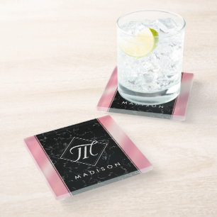 Elegant Black Marble & Pink Foil Monogram Glass Coaster