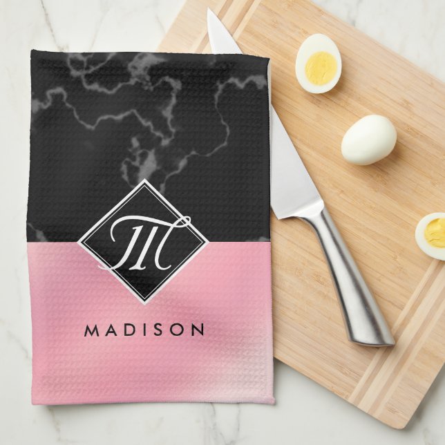 Elegant Black Marble & Pink Foil Monogram Kitchen Towel (Quarter Fold)