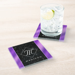 Elegant Black Marble & Purple Foil Monogram Glass Coaster