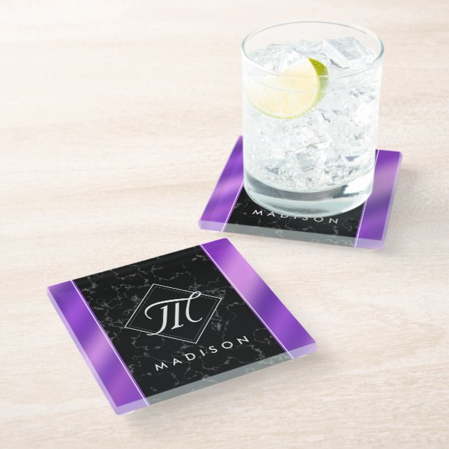 Elegant Black Marble & Purple Foil Monogram Glass Coaster (Angled)