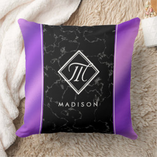 Elegant Black Marble & Purple Foil Monogram Throw Pillow