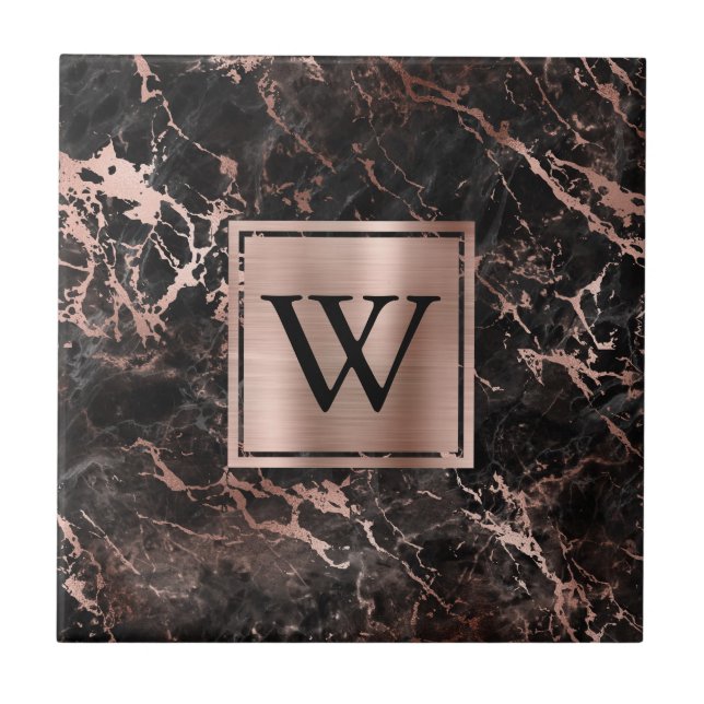 Elegant Black Marble Rose Gold Monogram Tile (Front)