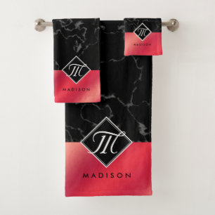 Elegant Black Marble & Rosé Red Foil Monogram Bath Towel Set