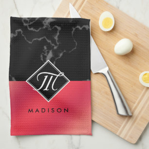 Elegant Black Marble & Rosé Red Foil Monogram Kitchen Towel