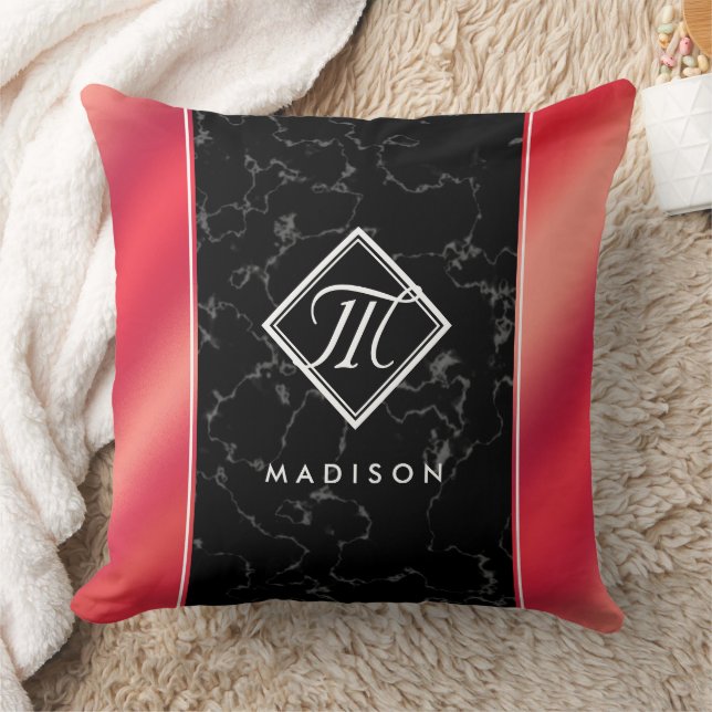 Elegant Black Marble & Rosé Red Foil Monogram Throw Pillow (Blanket)