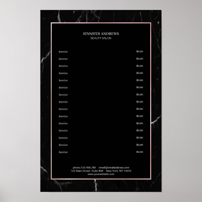 Elegant Black Marble Rosegold Pricelist Poster (Front)